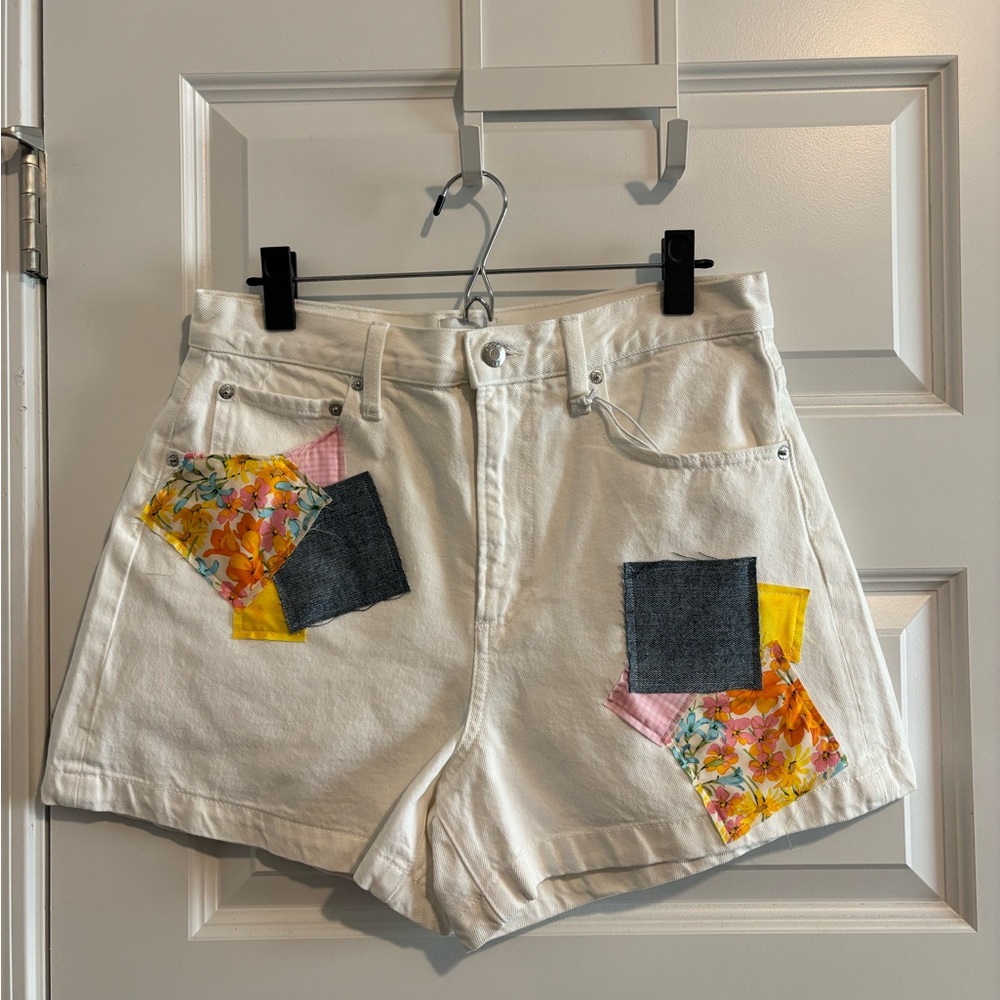 Pistola White Jean Shorts with Floral Patchwork